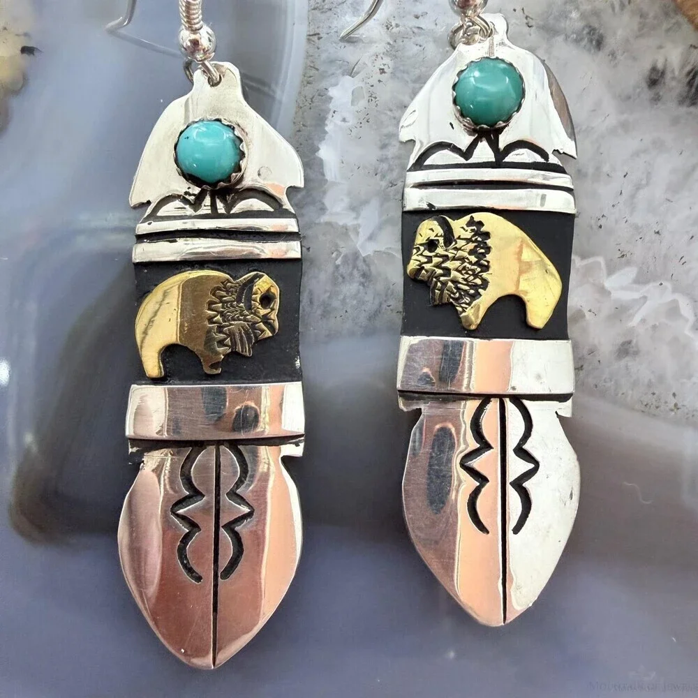 Tommy & Rosita Singer Sterling Silver & GF Bison w/Turquoise Dot Dangle Earrings